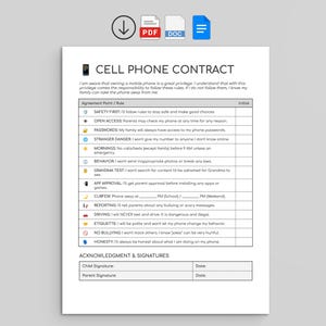 May include: A white document titled "CELL PHONE CONTRACT" with a list of rules and signature lines. The contract includes rules about safety, passwords, and behavior. The document is designed to be signed by a child and parent.