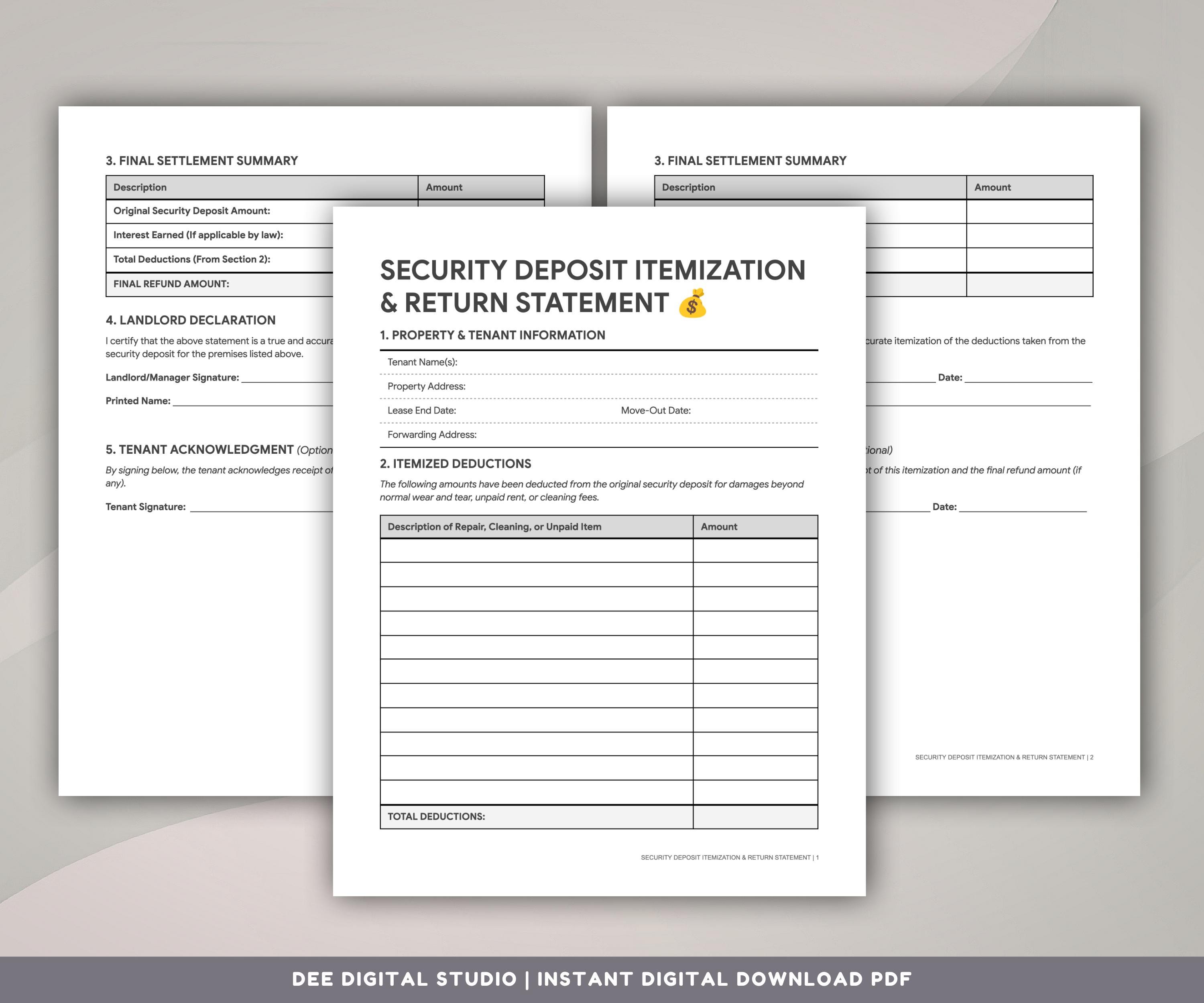 Printable Security Return Form Security Deposit Return Form | Landlord Itemization | Property ...