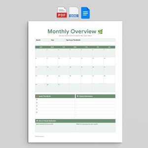 May include: A white monthly overview planner with green accents. The title "Monthly Overview" is at the top, with a calendar grid below. Sections for goals, notes, and end-of-month reflection are included. PDF, DOC, and a list icon are at the top.
