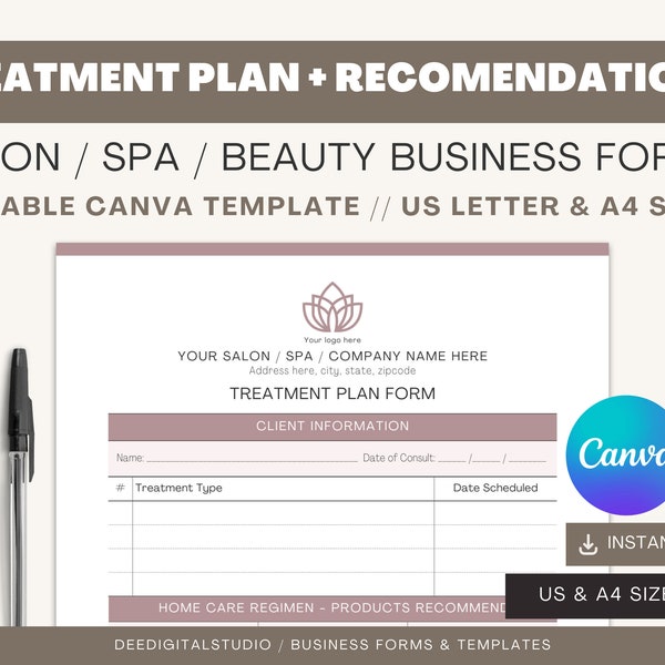 Treatment Plan and Home Care Regimen | Skincare Product Plan | Editable Canva Template | Salon & Spa Forms | Esthetician Custom Template