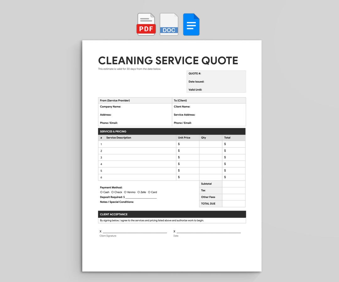 Cleaning Service Quote Form | House Cleaning Estimate (PDF, Word ...
