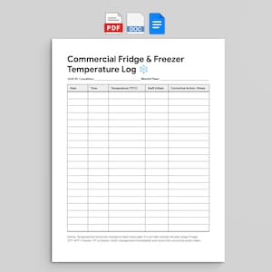 May include: A white commercial fridge and freezer temperature log sheet with black text and lines. The document includes fields for unit ID, location, month, year, and a table for date, time, temperature in Fahrenheit and Celsius, staff initials, and notes.