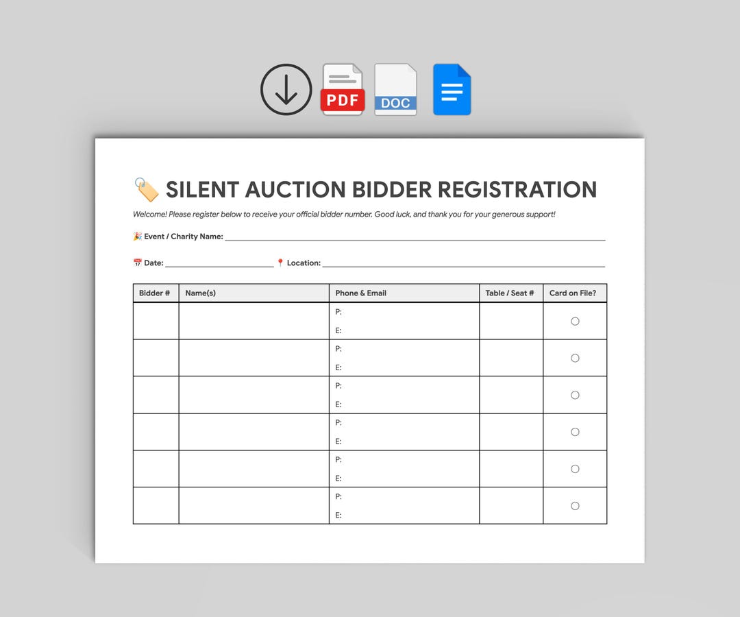 Silent Auction Bidder Registration Form | Charity Event Sign in Sheet ...