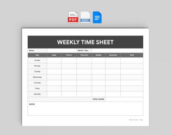 Weekly Time Sheet Template | Employee Hours Log | PDF, Word, and Google Docs