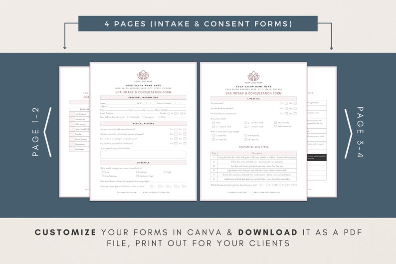 May include: Four-page spa intake and consultation form template in a pink and white color scheme with a lotus flower logo. The form includes sections for personal information, medical history, lifestyle, and approach to skin types. Customize the form in Canva and download it as a PDF file.