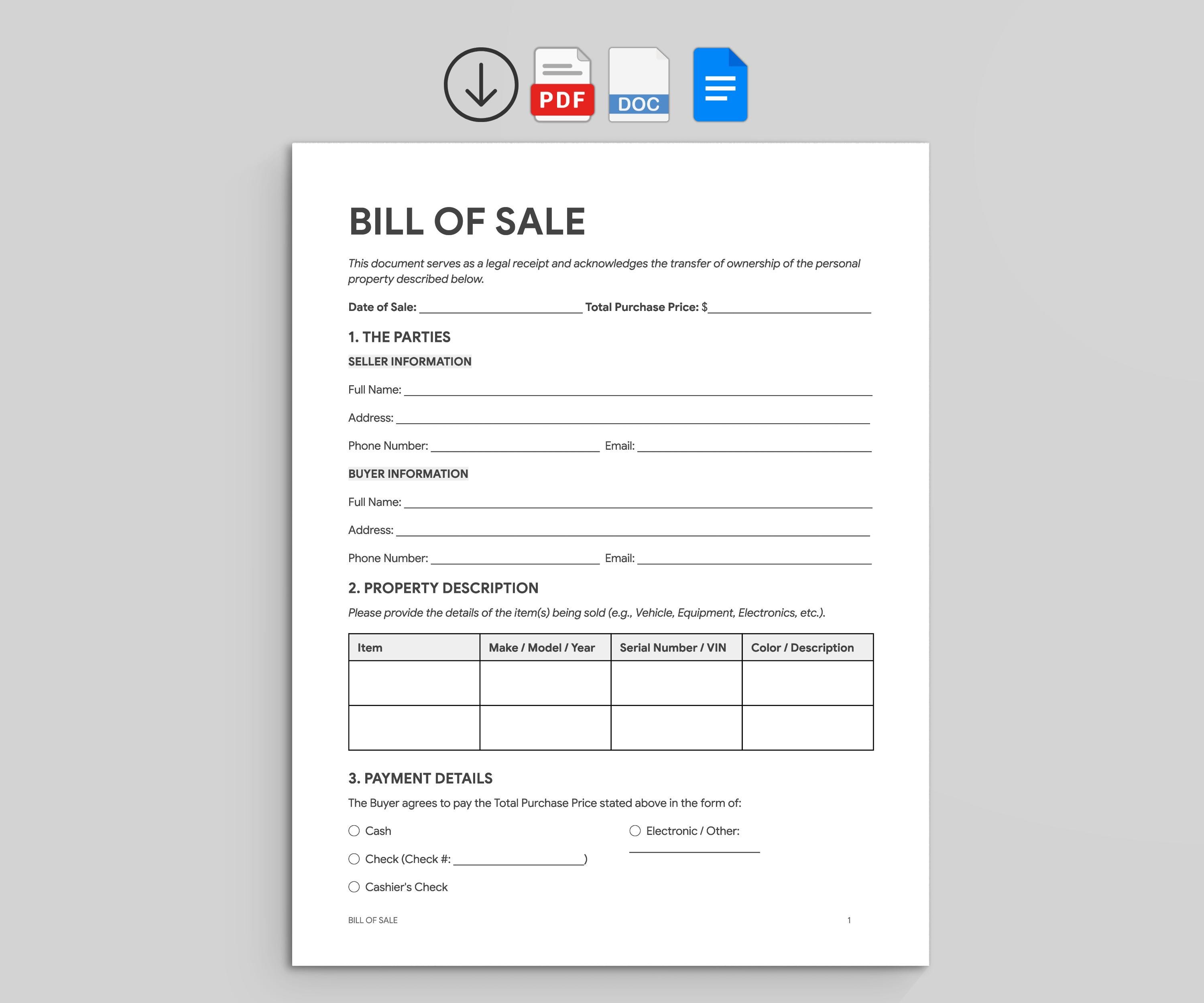 Bill of Document Template, Vehicle Property Receipt, Ownership Transfer ...