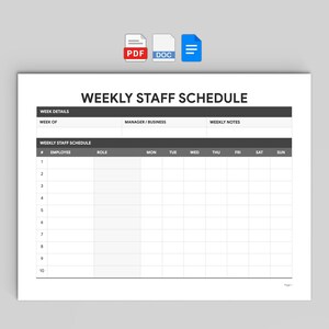 Puede incluir: Una plantilla imprimible de horario semanal de personal con el título WEEKLY STAFF SCHEDULE, una sección para detalles de la semana y una cuadrícula para diez empleados con columnas para el rol y los días de la semana de lunes a domingo.