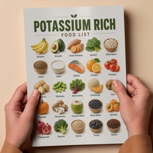 Op de afbeelding: Een poster met de titel "POTASSIUM RICH FOOD LIST" wordt door een persoon vastgehouden. De poster toont een verscheidenheid aan voedingsmiddelen, waaronder bananen, avocado, zoete aardappelen, spinazie, witte bonen, linzen, yoghurt, zalm, sinaasappels en tomaten. Andere voedingsmiddelen zijn pompoen, champignons, kokoswater, zwarte bonen, abrikozen, granaatappel, broccoli, quinoa, pruimen en rozijnen.