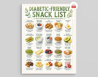 糖尿病患者向けおやつリスト、健康的な食品チャート（印刷可能、PDF即時ダウンロード）