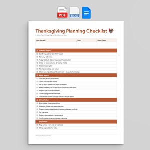 May include: Thanksgiving planning checklist with a solid plan. The document includes sections for guest count, and a timeline with tasks like menu planning, shopping, and preparing dishes. The checklist is designed to help organize the Thanksgiving holiday.