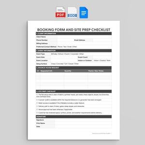 Könnte beinhalten: Ein weißes Buchungsformular und eine Checkliste zur Standortvorbereitung mit schwarzem Text. Die Abschnitte umfassen Kundeninformationen, Veranstaltungsdetails, Hüpfburganfragen und eine Checkliste zur Standortvorbereitung mit Unterschriftenfeld.