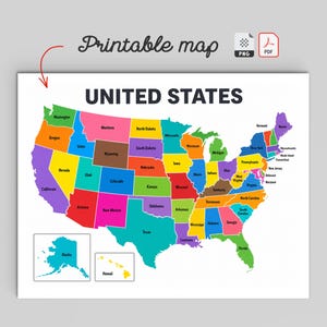 May include: A printable map of the United States featuring the text "UNITED STATES" at the top. The map displays individual states in various colors including green, orange, yellow, purple, blue, red, and pink, with Alaska and Hawaii insets.