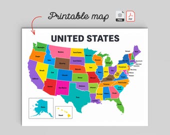 Juego de láminas decorativas imprimibles con mapas de Estados Unidos - 4 estilos (descarga instantánea en PDF y PNG)