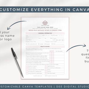 May include: A customizable Indian Head Massage Intake & Consent Form template in Canva. The form includes sections for personal information and health history. The template is designed for businesses offering Indian Head Massage services.