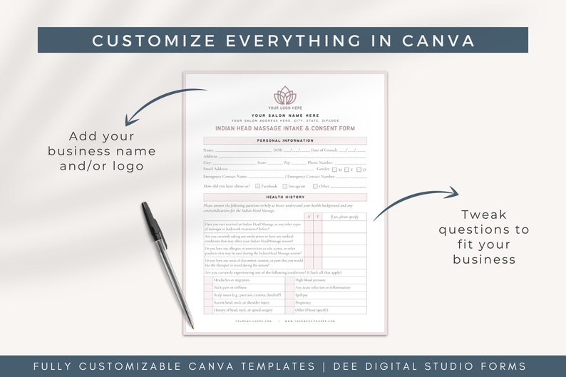 May include: A customizable Indian Head Massage Intake & Consent Form template in Canva. The form includes sections for personal information and health history. The template is designed for businesses offering Indian Head Massage services.