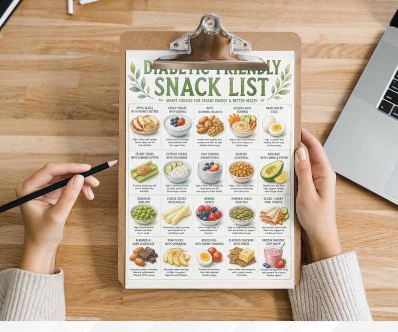 以下が含まれることがあります： クリップボードには、イラスト付きの食品オプションが記載された印刷された「糖尿病患者向けスナックリスト」が挟まれています。リストには、リンゴのスライス、ヨーグルト、ナッツ、野菜、卵、セロリのスティック、カッテージチーズ、チアシードプディング、ベリーなどが含まれています。