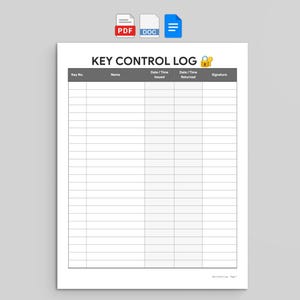 Może przedstawiać: Biały dokument do druku Key Control Log z ciemnoszarym nagłówkiem zawierającym kolumny Key No., Name, Date/Time Issued, Date/Time Returned oraz Signature. Nad tytułem znajduje się ikona kłódki i klucza oraz ikony PDF, DOC i niebieska ikona.