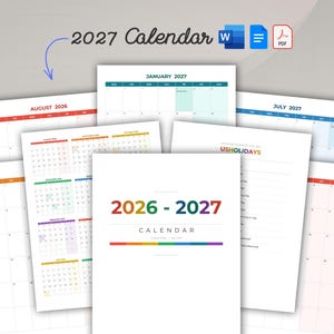 May include: A collection of colorful 2026-2027 calendar pages. The cover reads "2026-2027 CALENDAR" in rainbow colors. Individual months are displayed, including August 2026, January 2027, and July 2027. The image also includes Word and PDF icons.