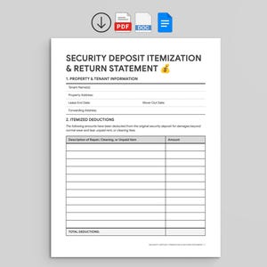 May include: A white document titled "SECURITY DEPOSIT ITEMIZATION & RETURN STATEMENT" with sections for tenant information and itemized deductions. Includes a PDF, DOC, and download icon.
