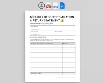 Security Deposit Return Form | Landlord Itemization | Property Management (PDF, Google Docs, Word)