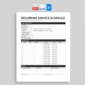 May include: A white document titled "RECURRING SERVICE SCHEDULE" with sections for client details and service logs. The document includes fields for service type, frequency, and a summary of total visits and balance outstanding. PDF, DOC, and a blue document icon are in the top right.