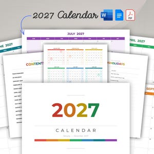 Könnte beinhalten: Eine Sammlung von Kalendern für 2027 mit verschiedenen Layouts. Der Hauptkalender zeigt ein farbenfrohes "2027"-Design mit dem Text "CALENDAR" darunter. Weitere Seiten zeigen Monatskalender, eine Jahresübersicht und US-Feiertage.