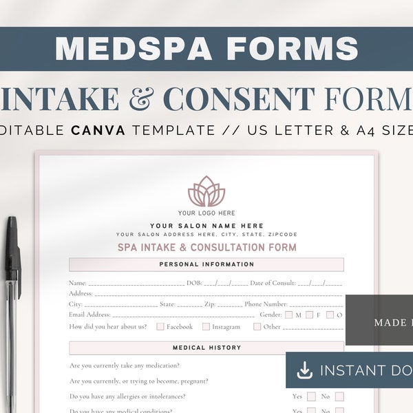 Spa Intake | Canva Templates | Med Spa Consent Form | Spa Consultation Form | Med Spa Editable Forms | Esthetician Intake and Consent Forms