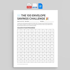 Könnte beinhalten: Ein weißes, bedruckbares Spar-Challenge-Blatt mit dem Titel "THE 100 ENVELOPE SAVINGS CHALLENGE". Es enthält ein Raster von 100 Kästchen zum Ausmalen, Anweisungen und Platz für Start- und Enddaten. Das Dokument dient zur Verfolgung des Sparfortschritts.