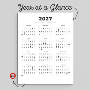 May include: A 2027 year at a glance calendar printed on a white sheet with black text. The layout displays all twelve months from January to December in a grid format. Specific dates are highlighted with small black circles throughout the year.