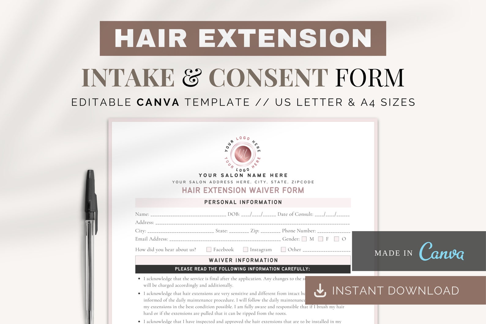 Hair Extension Waiver Form Canva Templates Salon Business Form Client