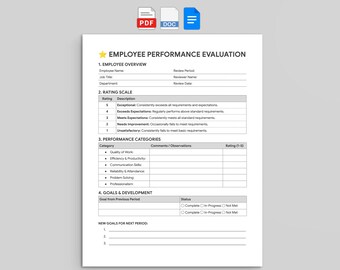 Employee Performance Evaluation, Editable HR Review Form (Google Docs, Word, PDF)