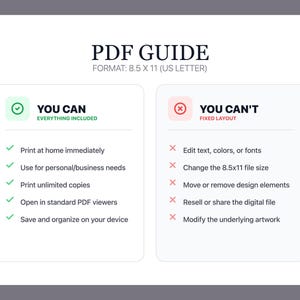 以下が含まれることがあります： 「PDF GUIDE」と「FORMAT: 8.5 X 11 (US LETTER)」のテキストが入ったPDFガイド。印刷や個人利用など、ファイルでできることとできないことをリストアップしています。フォーマットは21.6 x 27.9 cmです。