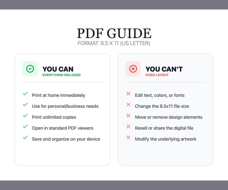 以下が含まれることがあります： 「PDF GUIDE」と「FORMAT: 8.5 X 11 (US LETTER)」のテキストが入ったPDFガイド。印刷や個人利用など、ファイルでできることとできないことをリストアップしています。フォーマットは21.6 x 27.9 cmです。