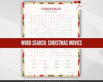 Juego de sopa de letras de películas navideñas / Rompecabezas imprimible en PDF para Navidad / Actividad para eventos / Descarga digital