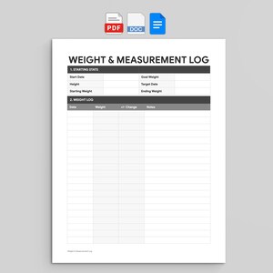 Może przedstawiać: Biały dokument do druku z dziennikiem pomiarów wagi i wymiarów, z czarnym nagłówkiem o treści WEIGHT & MEASUREMENT LOG. Zawiera sekcje na dane początkowe, takie jak data rozpoczęcia, wzrost i waga, oraz tabelę do śledzenia postępów wagi.