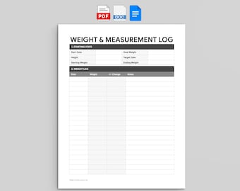 Weight and Measurement Log | Progress Tracker | PDF, Word, and Google Docs