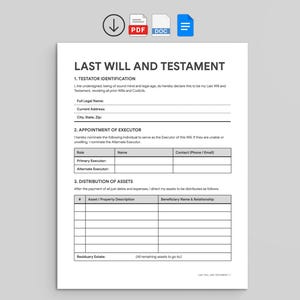 Könnte beinhalten: Ein weißes Dokument mit dem Titel "LAST WILL AND TESTAMENT" mit ausfüllbaren Feldern für die Testatoridentifizierung, die Ernennung des Testamentsvollstreckers und die Verteilung des Vermögens. Enthält PDF- und DOC-Symbole.