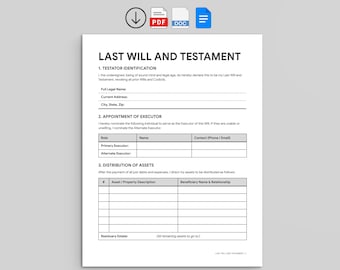 Last Will and Testament Form | Estate Planning Template | Legal Document (PDF, Google Docs, Word)