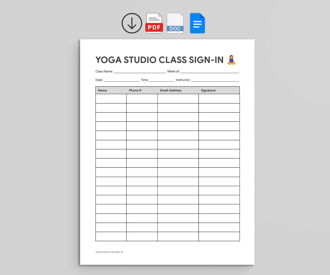 Yoga Studio Class Sign-in Sheet | Wellness & Fitness Attendance Log ...