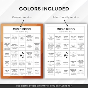 Puede incluir: Dos cartones de bingo con el texto "MUSIC BINGO" y t&iacute;tulos de canciones de la d&eacute;cada de 2010. Una tarjeta tiene un dise&ntilde;o en color, la otra es apta para imprimir. Las tarjetas incluyen t&iacute;tulos de canciones como "Titanium" y "Starships".