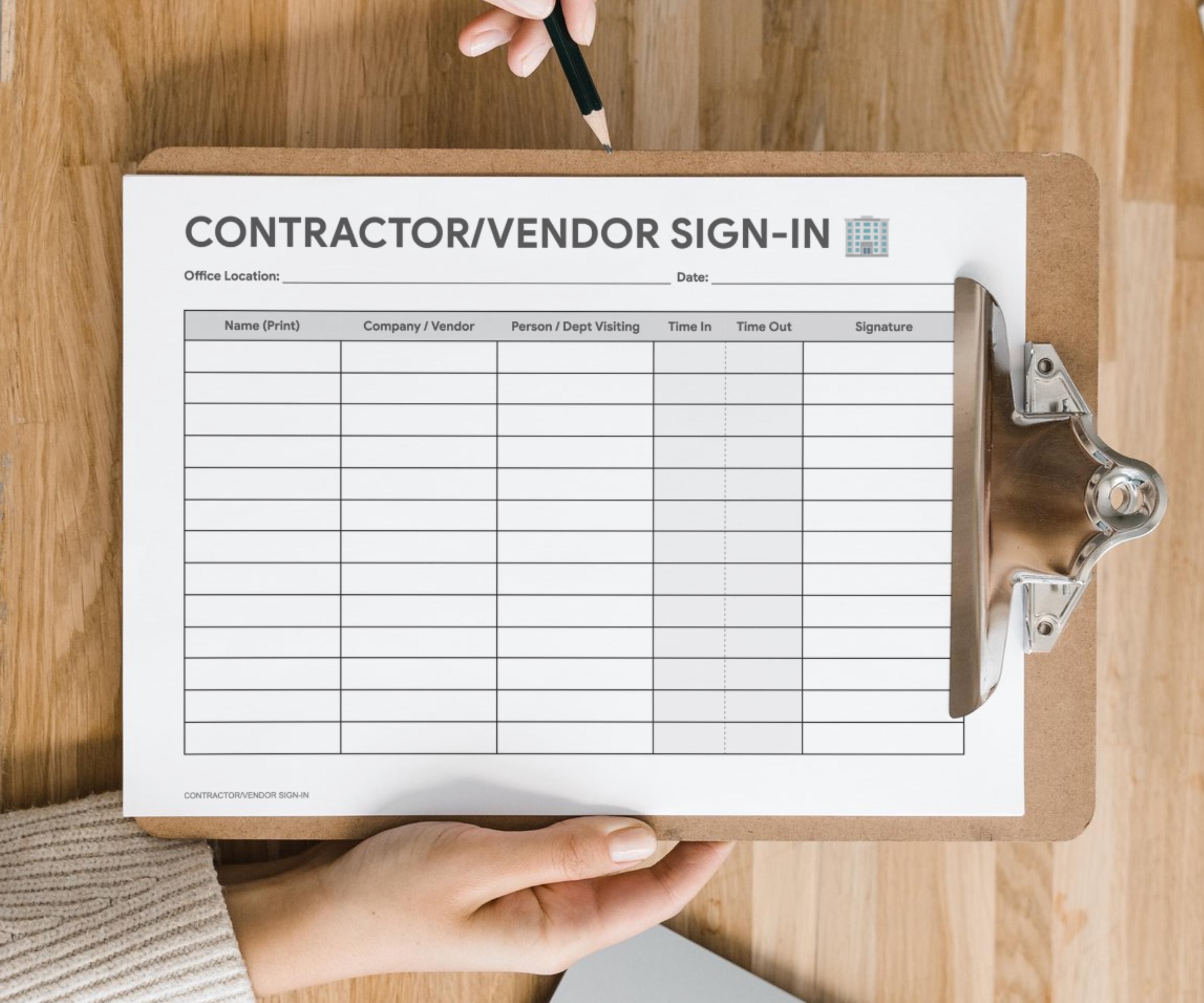 Contractor Vendor Sign-in Sheet, Office Facility Management Log (PDF ...