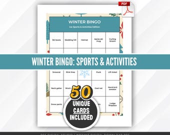 May include: A printable Winter Bingo game with a teal banner that reads "Winter Bingo: Sports & Activities." The game includes 50 unique cards and features winter sports and activities. The PDF file is available for instant digital download.