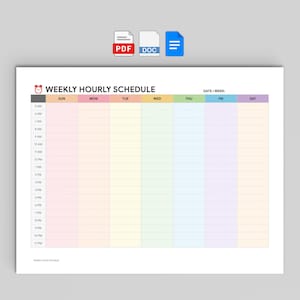 May include: A weekly hourly schedule planner template featuring a red alarm clock icon and the text WEEKLY HOURLY SCHEDULE. The grid includes columns for Sunday through Saturday with pastel-colored headers and rows for 5 AM to 11 PM. Includes PDF, DOC, and blue document icons.