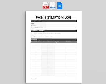Pain and Symptom Log | Daily Health Tracker | PDF, Word, and Google Docs