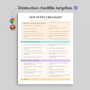 May include: An interactive digital checklist template titled New Puppy Checklist. The document features sections for supplies, puppy proofing, and vet health, organized with checkboxes and text. Icons for Chrome and PDF are visible on the left side.