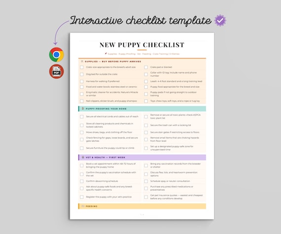 New Puppy Checklist Printable | Supplies, Feeding, Training Template (HTML and PDF Instant Download)