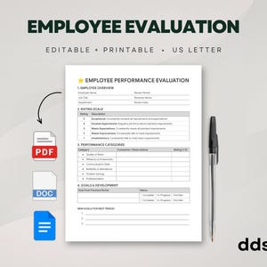 May include: A white US Letter employee performance evaluation form with black text, featuring sections for employee overview, a rating scale, performance categories, and goals. A black ballpoint pen lies to the right, with PDF, DOC, and blue document icons to the left.