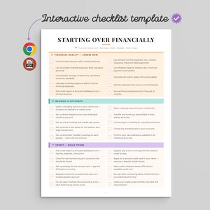 Op de afbeelding: Een interactieve checklist-sjabloon getiteld STARTING OVER FINANCIALLY. Het document bevat secties voor financiële realiteit, bankrekeningen en krediet. Het bevat selectievakjes voor taken zoals het noteren van inkomsten, uitgaven en rapporten.