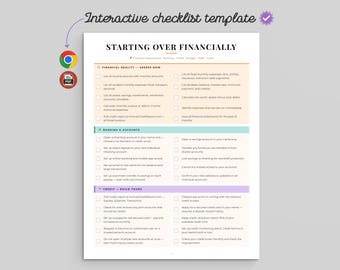 Plantilla interactiva de lista de verificación para comenzar de nuevo financieramente (descarga instantánea en HTML y PDF)