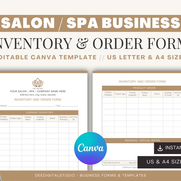 Inventory and Order Form | Salon and Spa Forms | Canva Template | Editable Business Forms | Esthetician Business Forms | Salon Inventory